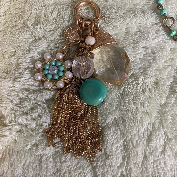 Long Chain and Pendant Turquoise and Gold Fashion Necklace - Picture 2 of 3